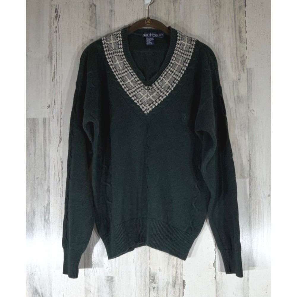 Nautica Mens Sweater Medium Green Cable Knit Linen Cotton Hemp V-Neck Vintage